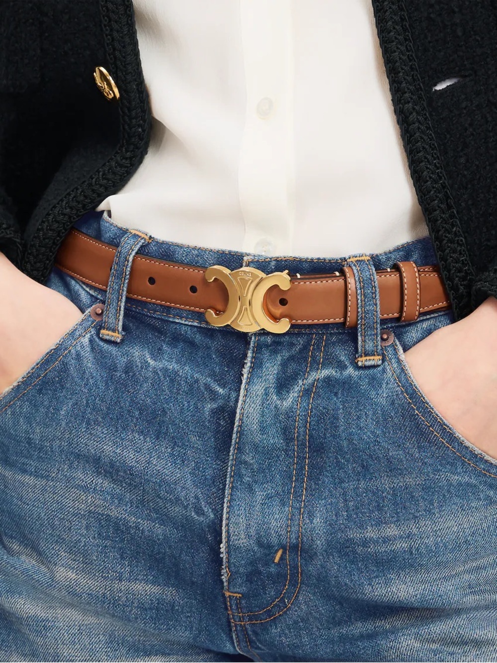 Celine TRIOMPHE BELT 25 IN NATURAL CALFSKIN 90cm